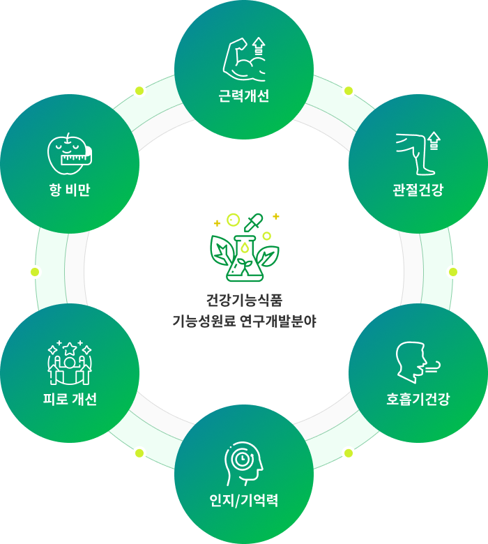 건강기능식품 기능성원료 연구개발분야 - 근력개선, 관절건강, 호흡기건강, 인지.기억력, 간 건강, 항 비만